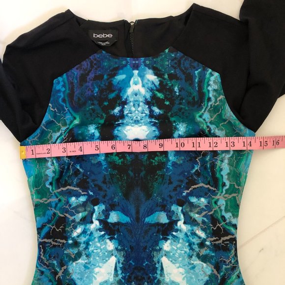 Bebe Women Blue Black Color block Long Sleeve Body cone Dress size XS Stretch AS - Picture 7 of 13